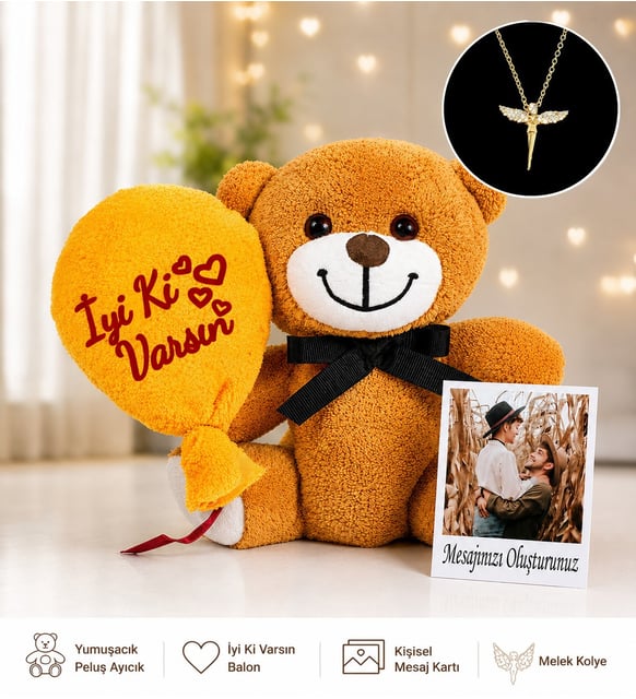 25 cm Çiçek Ayı & Altın Kaplama Melek Kolye ve Polo Fotoğraf (Model 1)