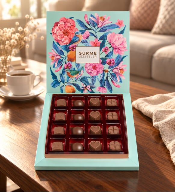 Çiçekli Kutuda 16'lı Kare ve Kalp Gurme Lezzetler 208g