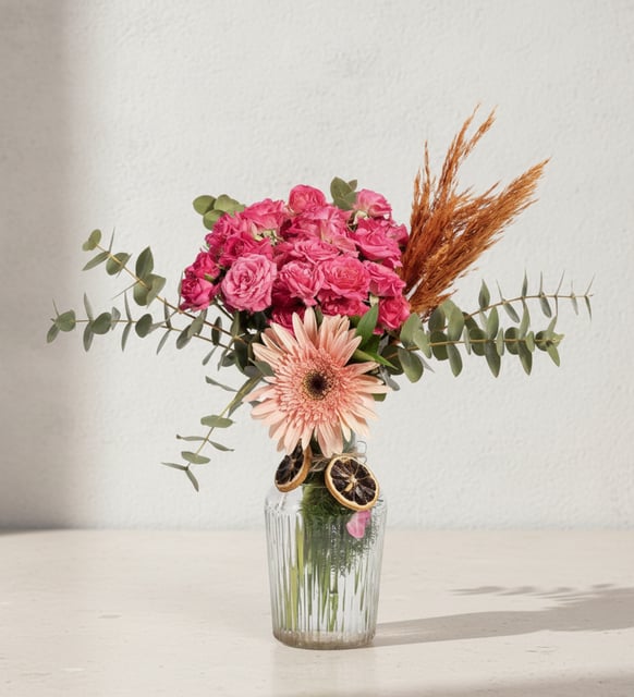 Çizgili Cam Vazoda Pembe Gerbera ve Çardak Güller