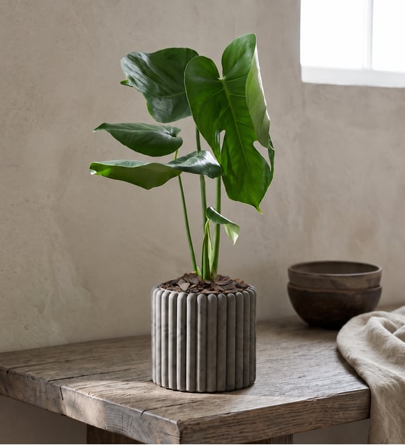 Düz Çizgili Gri Beton Saksıda Monstera