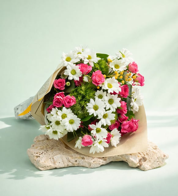 Gazete Bukette Pembe Çardak Güller ve Papatyalar