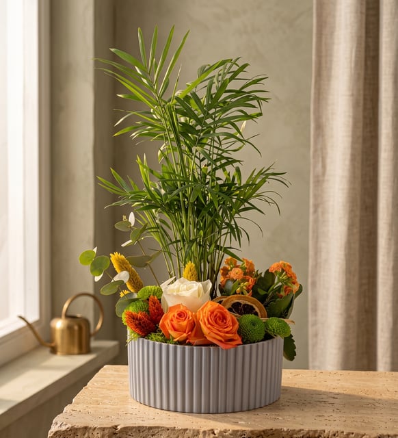 Gri Polimer Saksıda Chamdora Elegans ve Kalanchoe