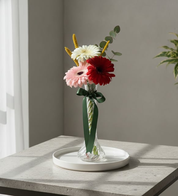 İnce Cam Vazoda Kırmızı, Beyaz ve Pembe Gerbera