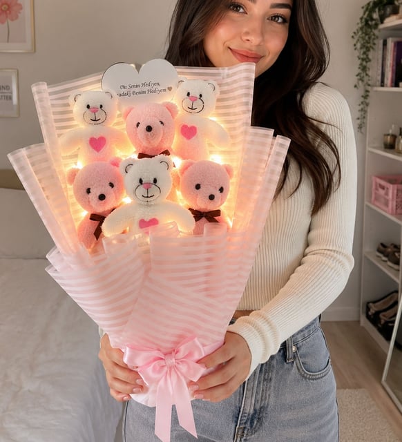 Kalp Aynalı Led Işıklı Pembe Peluş Ayıcık Buketi Ayıcıklı Peluş Buket Çiçek Buketi Arkadaşa Sevgiliye Hediye