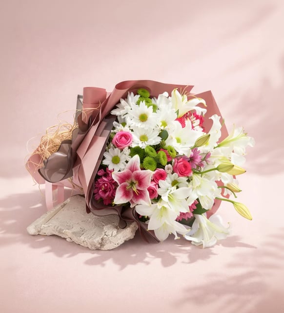 Koyu Somon Bukette Pembe ve Beyaz Lilyumlar