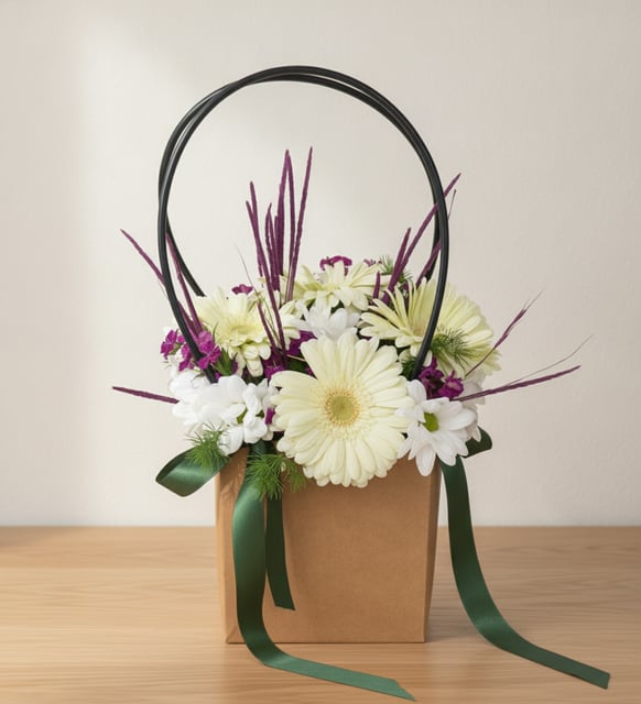 Kraft Taşıma Çantasında Beyaz Gerbera ve Papatyalar