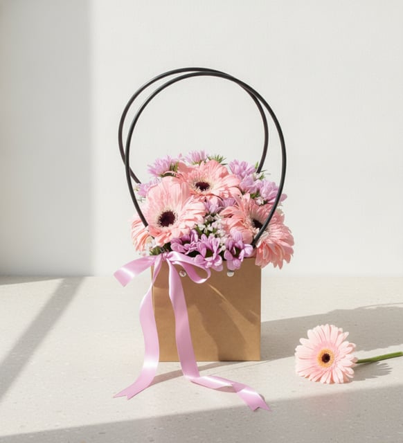 Kraft Taşıma Çantasında Gerbera ve Papatyalar