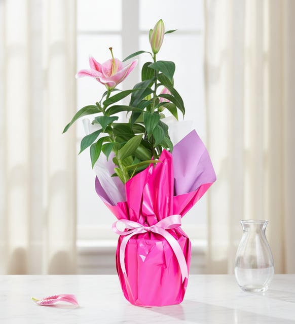 Lila Pembe Buketli Beyaz Polimer Saksıda Pembe Lilyum