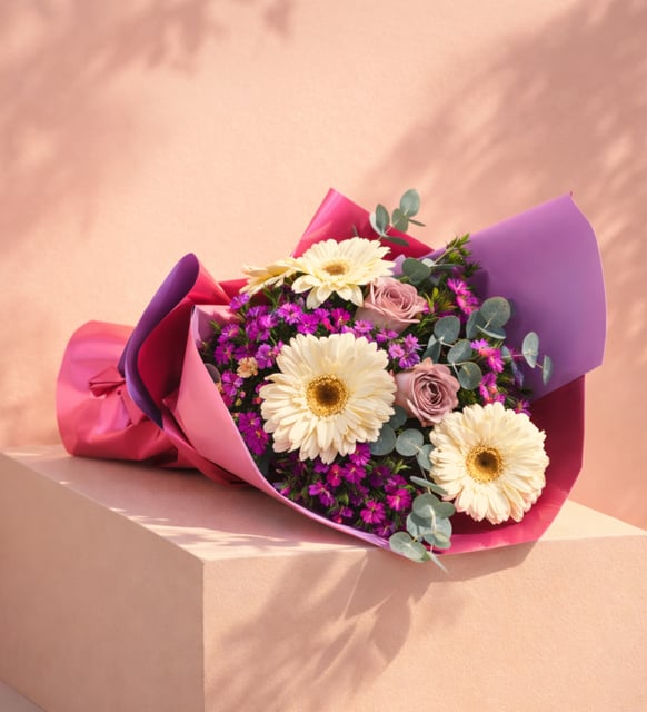 Lila Pembe Bukette Lila Güller ve Beyaz Gerberalar