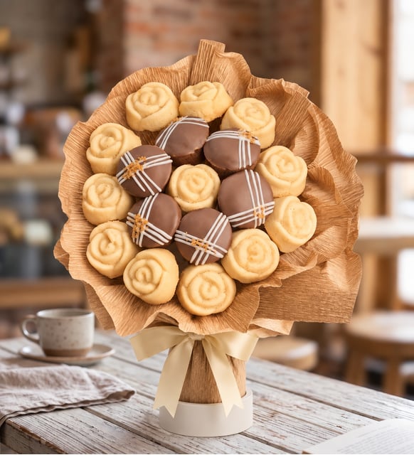 Lotus Biscoff® Süslemeli ve Beyaz Gül Desenli Kek Buketi