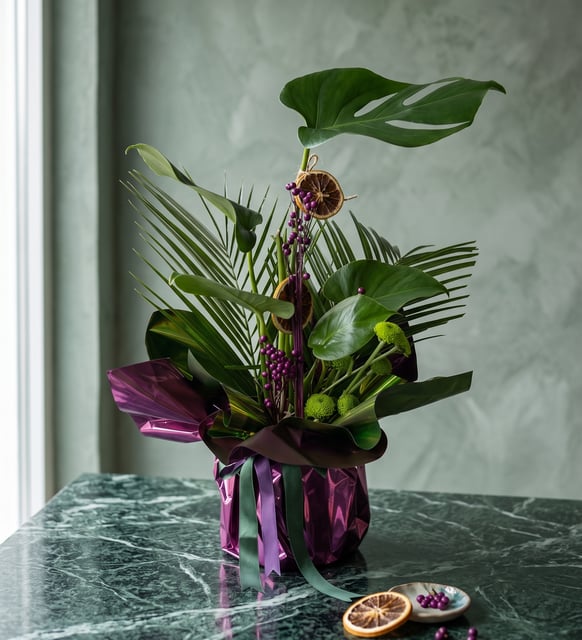 Mor-Yeşil Buket Kağıdında Monstera