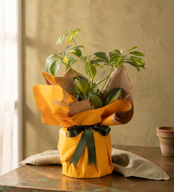 Sarı Buket Kağıtlı Polimer Saksıda Schefflera