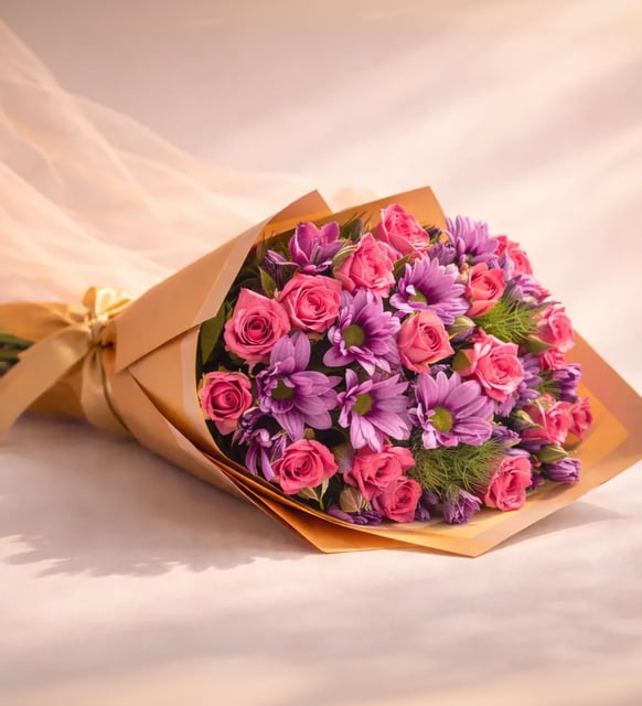 Sarı Bukette Pembe Çardak Güller ve Papatyalar