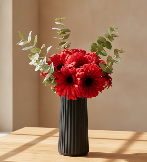 Siyah Çizgili Polimer Vazoda Kırmızı Gerbera Çiçekleri