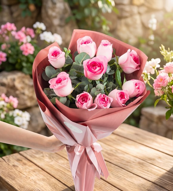 Somon Buket Kağıdında 10'lu Pembe Gül Buketi