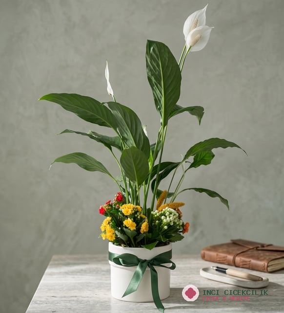 Beyaz Saksıda Barış Çiçeği ve Kalanchoe Çiçekleri